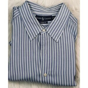 Ralph Lauren Mens Classic Fit‎ Striped Button Down Shirt Blue White 17.5 34/35
